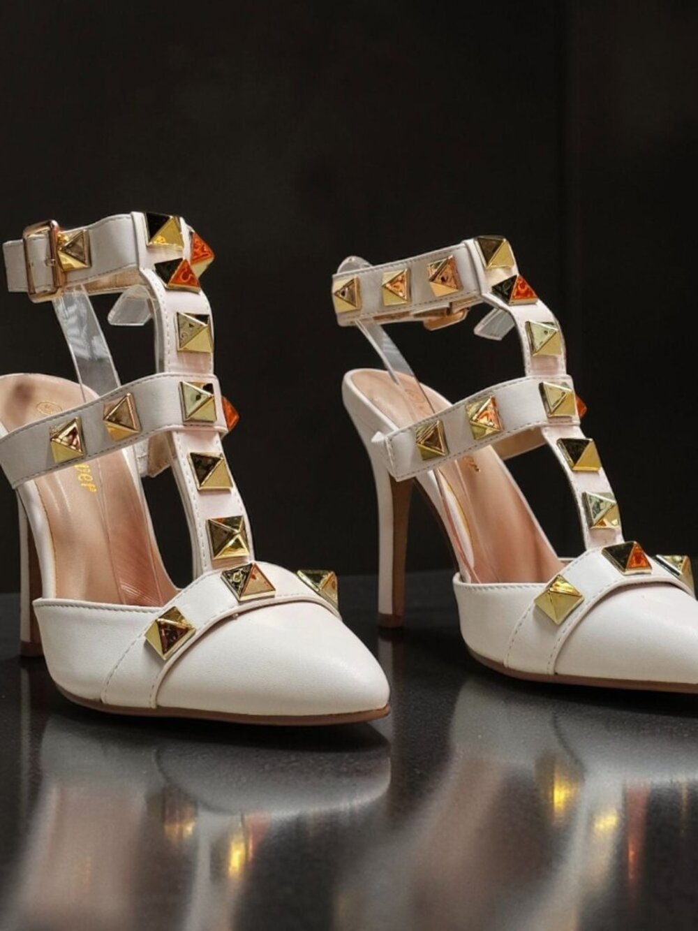 White Studded Pointed-Toe High Heels With Adjustable Buckle Strap & T-Strap Desi - Picture 2 of 15